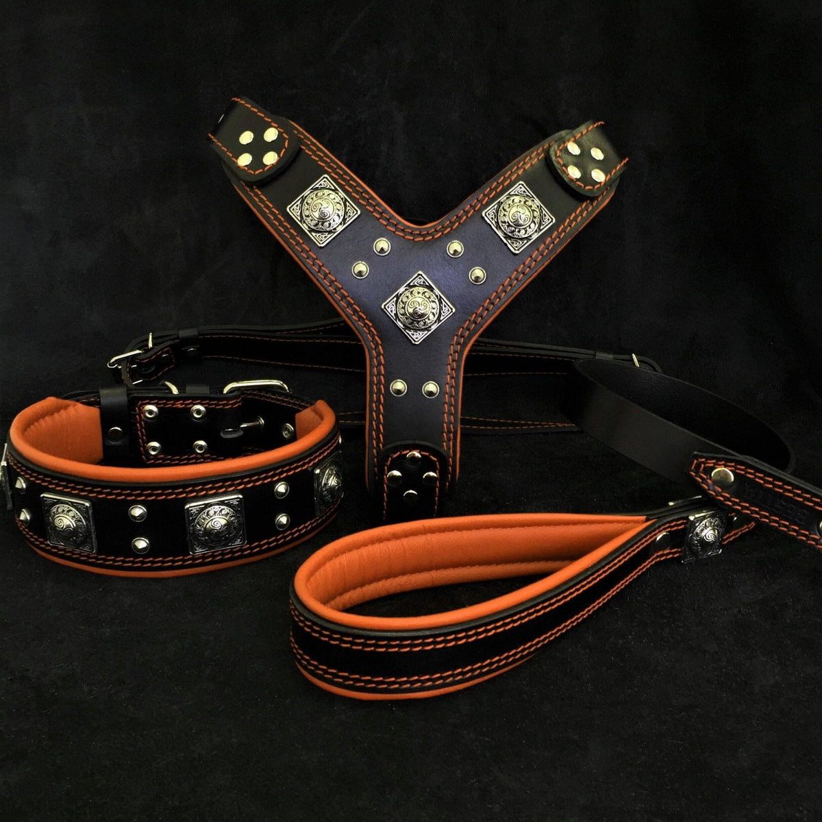 Eros Big Dog Harness, Collar & Leash Set — Black & Orange