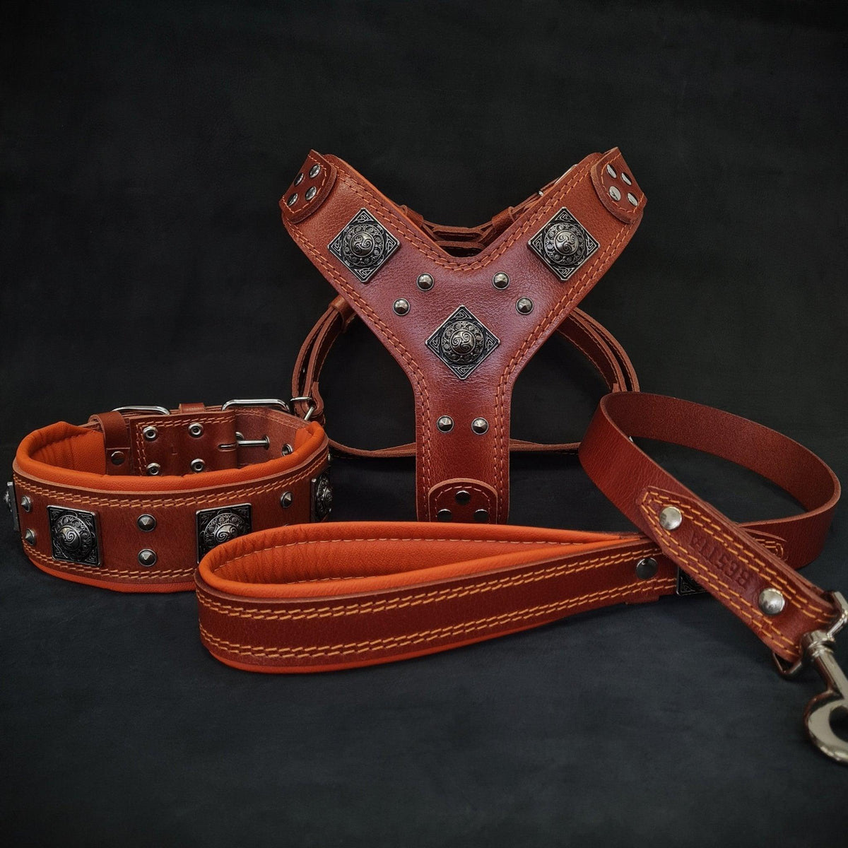 Eros Big Dog Harness, Collar & Leash Set — Brown & Orange